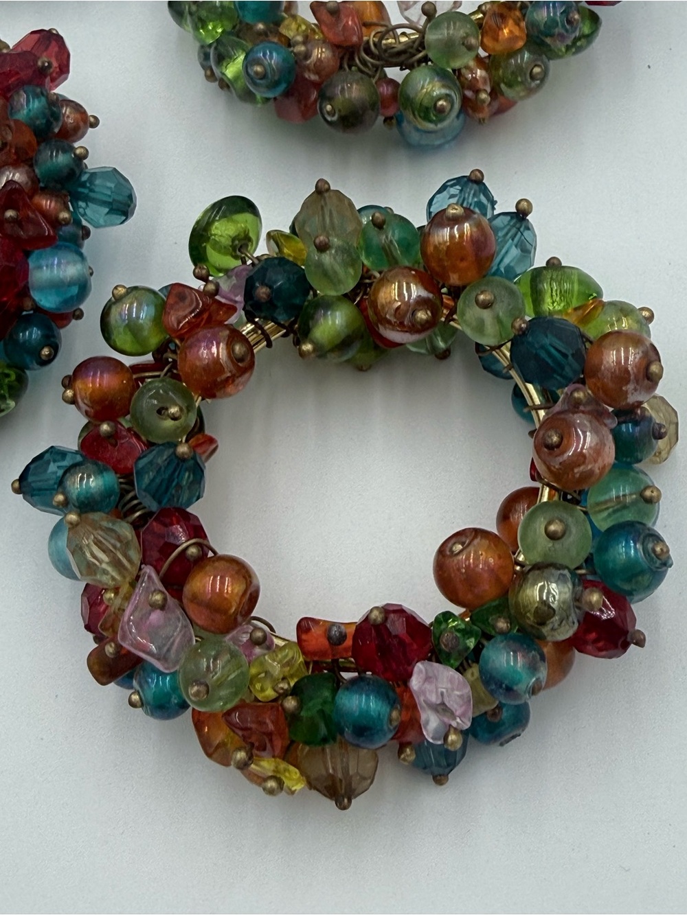 Vintage Pier 1 Glass Beaded Napkin Rings, Set Of 4, Boho, Colorful, Gold Rings